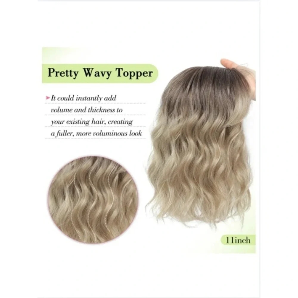 11in Short Wavy Hair Topper Ombre Brown Blonde Synthetic Hairpiece 6.5x6.5